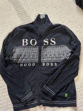 Hugo Boss Navy and Light Gray Zip-Up Knit Jacket